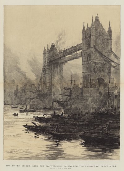 Il Tower Bridge, con i ponti levatoi alzati per il passaggio di grandi navi da William Lionel Wyllie